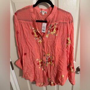 Hope Springs Coral-Pink Floral Embroidered Button-Down Blouse, Sz L, NWT